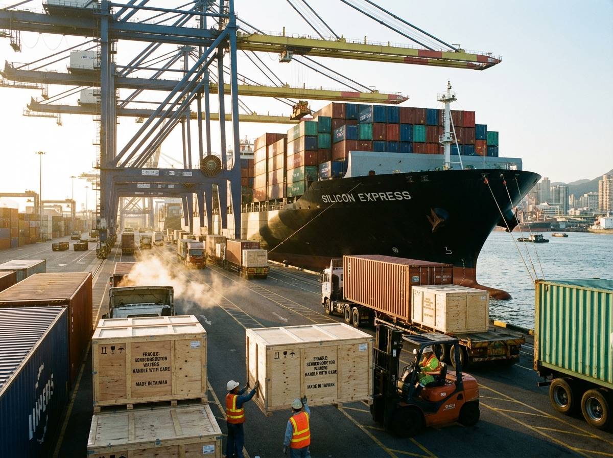 수출용 컨테이너에 반도체 웨이퍼 박스가 가득 실려 나가는 항구의 활기찬 아침 모습