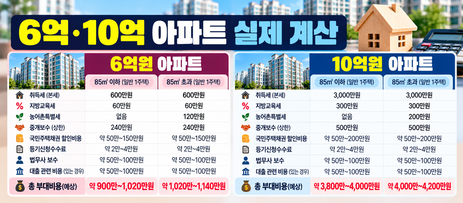 6억 10억 아파트 매매 부대비용 실제 계산 이미지