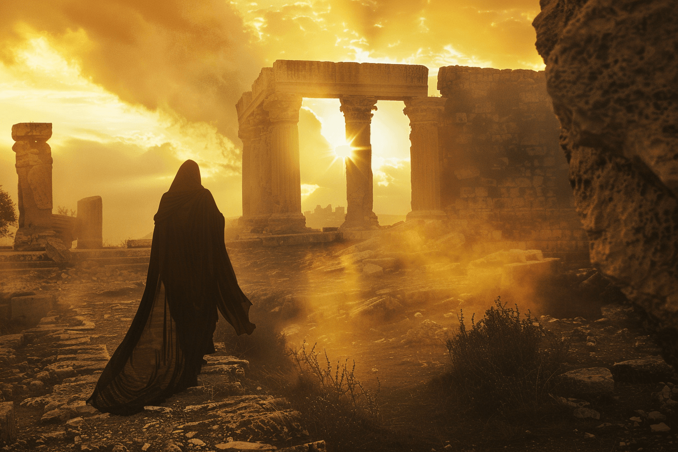 밝은-태양이-비추는-허물어진-신전-사이를-걸어가고-있는-망토를-두른-전사-이미지