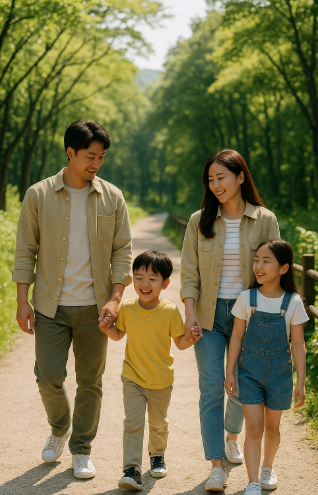 가평에서 나무가 우거진 산책코스를 걸으며 즐거워하는 가족