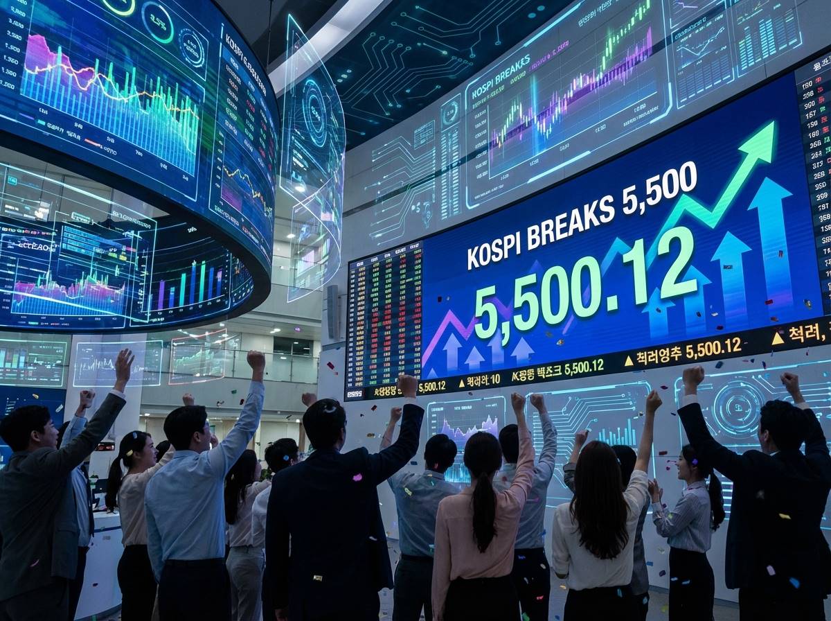코스피 지수가 5,500선을 돌파하는 전광판 앞에서 환호하는 투자자들과 디지털 차트가 결합된 사이버네틱한 배경