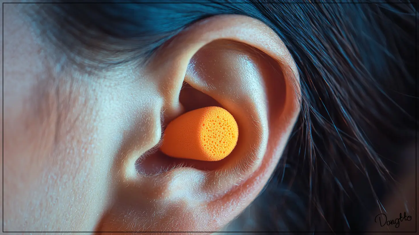 귀에서-소리-나는-증상을-완화하기-위해-귀에-소음을-차단해주는-귀마개를-착용한-여성의-귀를-확대한-모습