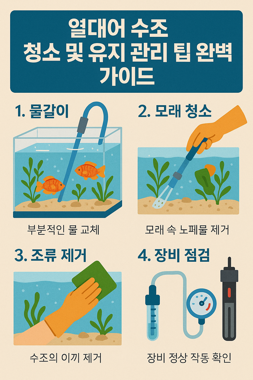 밝고 선명한 인포그래픽으로 구성된 "열대어 수조 청소 및 유지 관리 팁 완벽 가이드"라는 제목이 상단에 큼직하게 적혀 있다. 아래에는 4가지 주요 관리 항목이 일러스트와 함께 나열되어 있다.

물갈이: 어항 속에서 파이프를 이용해 물을 빼는 장면으로, "부분적인 물 교체"라는 설명이 있다.

모래 청소: 손이 청소 도구를 이용해 바닥 모래를 청소하는 장면. "모래 속 노폐물 제거"라는 설명이 있음.

조류 제거: 고무장갑을 낀 손이 수조 벽면을 스펀지로 닦는 장면. "수조의 이끼 제거"라는 설명이 붙어 있다.

장비 점검: 온도계, 필터 등 어항 장비 아이콘이 배치되어 있으며 "장비 정상 작동 확인"이라는 설명이 있다.

전체적으로 파란색과 주황색 계열의 색상으로 시각적으로 명확하고, 각 항목은 간결한 문장과 일러스트로 표현되어 있다.