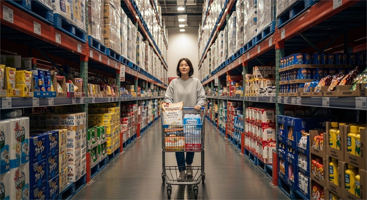 한국인 쇼핑객이 카트를 끌고 할인매장을 둘러보는 모습 