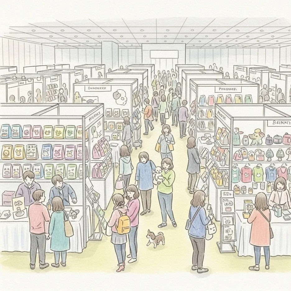 다양한 반려동물 용품이 전시된 박람회 부스