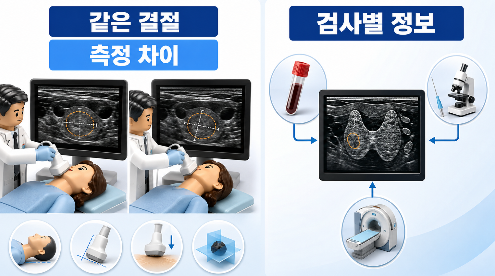 목 자세와 탐촉자 각도에 따른 같은 갑상선 결절의 측정 차이와 검사별 정보 범위