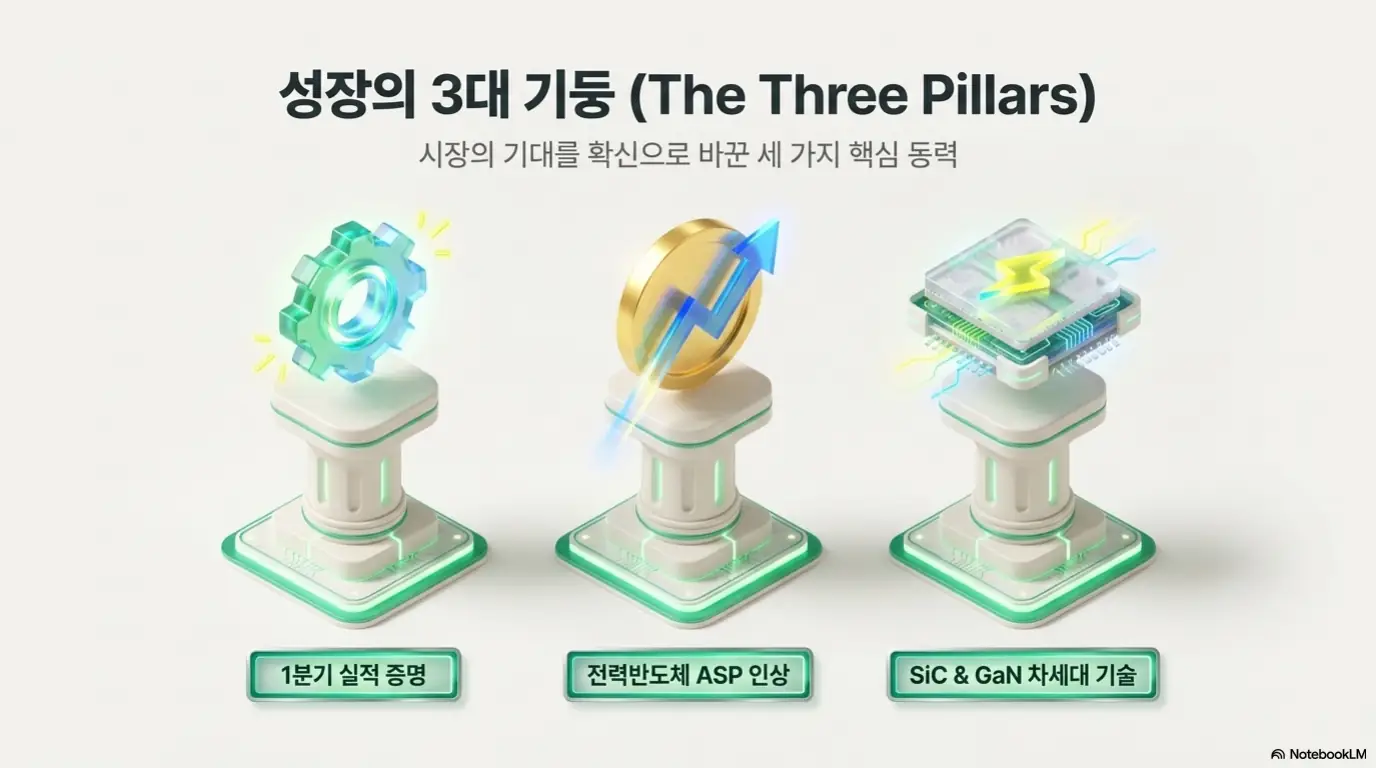 DB하이텍 주가 전망: &amp;#39;성장의 3대 기둥&amp;#39;이라는 문구와 1분기 실적 증명&amp;#44; 전력반도체 ASP 인상&amp;#44; SiC GaN 차세대 기술을 나타낸 세 개의 기둥 그래픽이 담긴 이미지. 이 이미지는 DB하이텍 주가 상승을 이끈 세 가지 핵심 동력을 시각적으로 전달하며&amp;#44; 블로그의 DB하이텍 주가 전망과 관련된 내용을 설명함