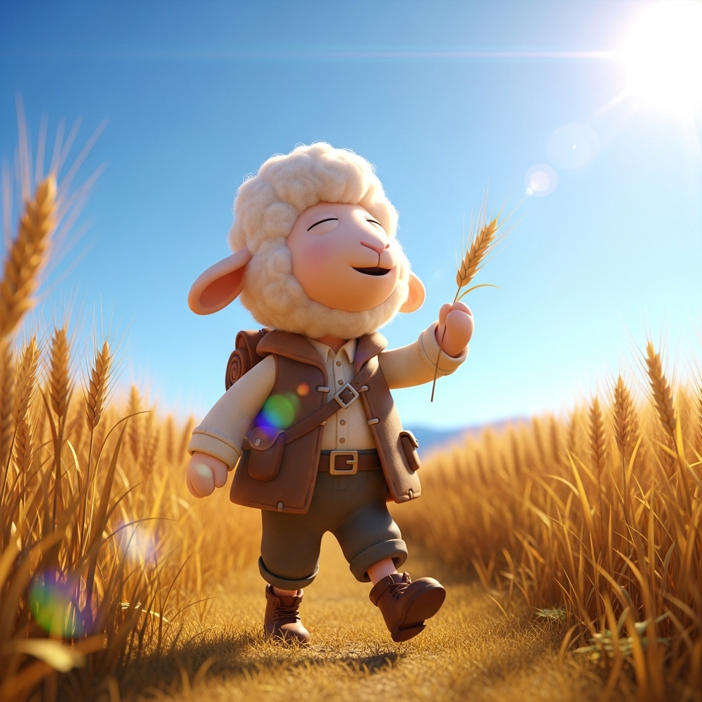 황금 빛 밀 밭을 평화롭게 걷는 귀여운 양 캐릭터 이미지