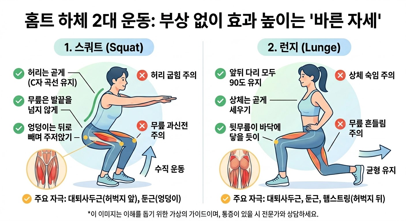 홈트 하체 2대 운동 스쿼트 런지 올바른 자세 가이드 자극 부위 이미지