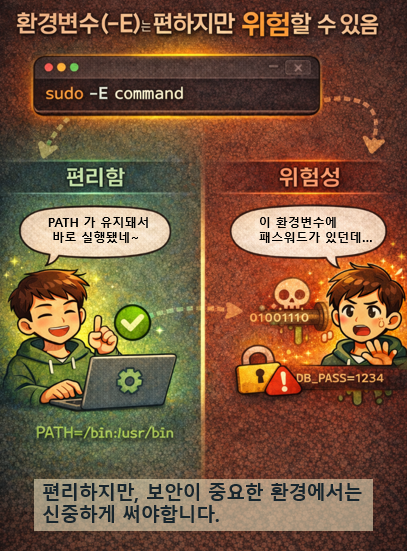 sudo -E ์ต์
์ ์ฌ์ฉํ์ฌ ํ๊ฒฝ ๋ณ์๋ฅผ ์ ์งํ ์ฑ ๋ช
๋ น์ ์คํํ๋ ์ํฉ์ ๋ฌ์ฌํ ์ธํฌ๊ทธ๋ํฝ. ์บ๋ฆญํฐ๊ฐ ๋งํ์ ์ ํตํด ์กฐ์ฌ์ค๋ฝ๊ฒ ํ๊ฒฝ ๋ณ์๋ฅผ ๋๊ธฐ๋ ์ฅ๋ฉด์ด ์์ผ๋ฉฐ, ๋ฐฐ๊ฒฝ์ ์ด๋์ด ์๋ฒ ํ๊ฒฝ์ฒ๋ผ ํํ๋์ด ์๋ค.