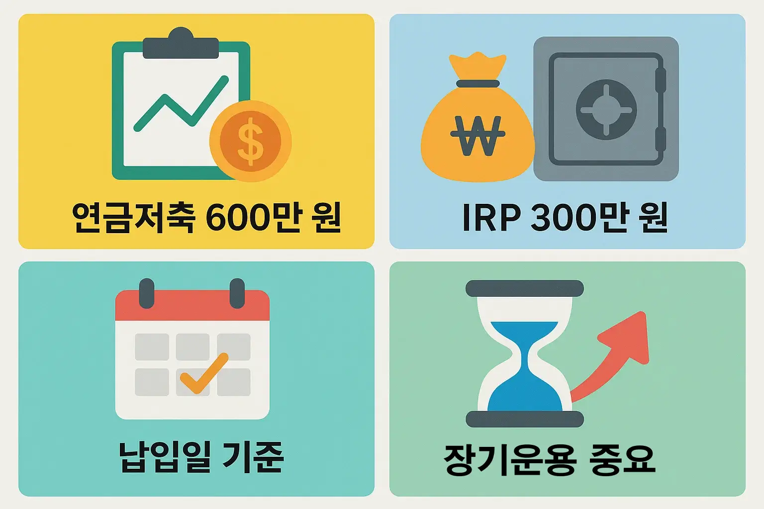 연금저축 600만원, IRP 300만원의 세액공제 구조와 납입일 기준, 장기운용 중요성 등을 시각적으로 정리해 IRP 소득공제 전략을 쉽게 이해하도록 구성한 알트태그 설명문