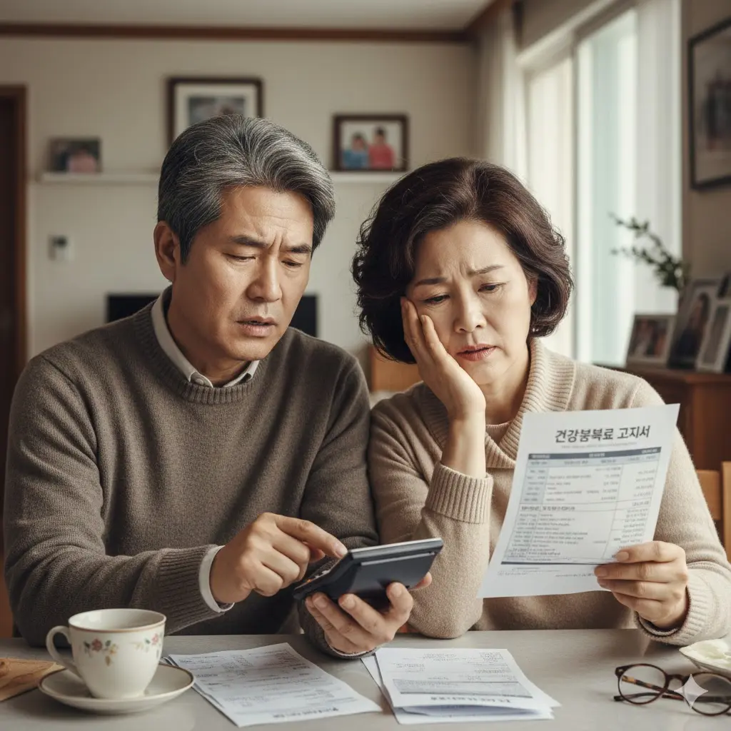 건강보험료 고지서를 들고 계산기를 두드리며 한숨 쉬는 중년 부부