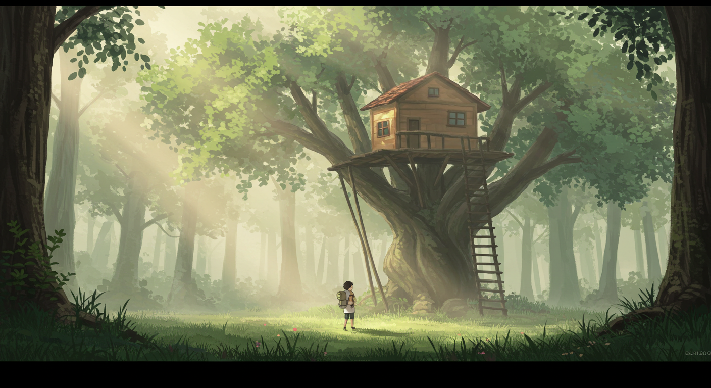 숲속 아침 햇살과 트리하우스 풍경 썸네일