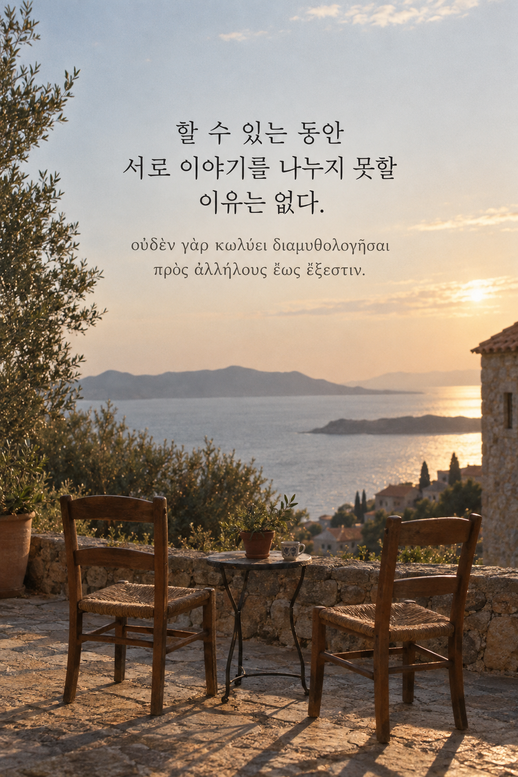 소크라테스 명언 16 &mdash; 할 수 있는 동안 서로 이야기를 나누지 못할 이유는 없다. &mdash; 늦은 오후의 빈 의자 두 개