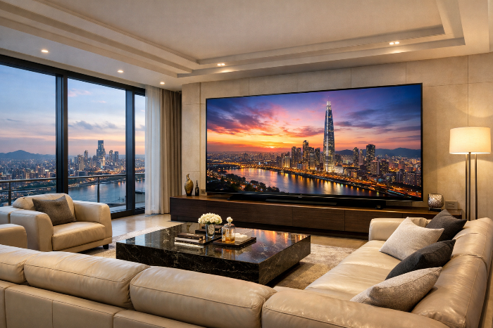 예식 비용을 아껴 마련한 고급 가전과 가구로 채워진 신혼집 인테리어.