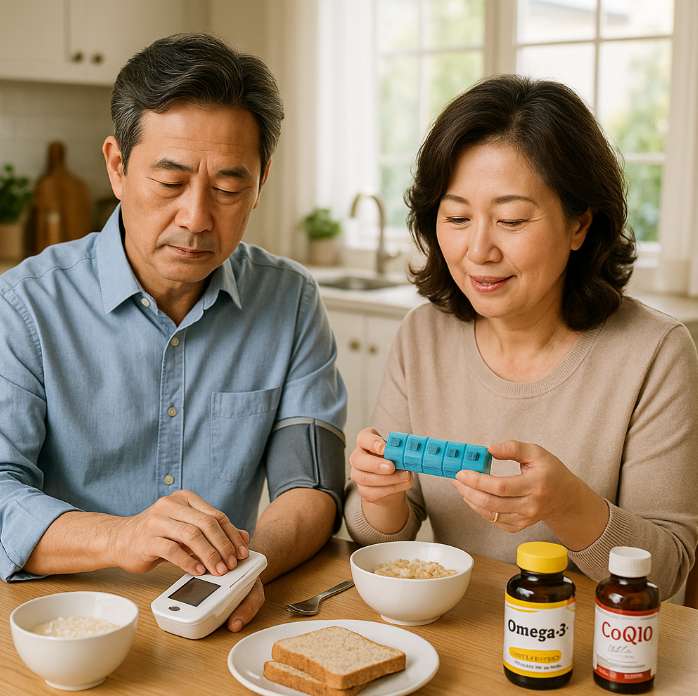 healthy-korean-couple-breakfast-blood-pressure-supplements