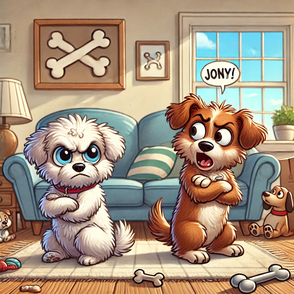 강아지 부부 싸움하는 모습을 일러스트로 귀엽게 표현된 이미지