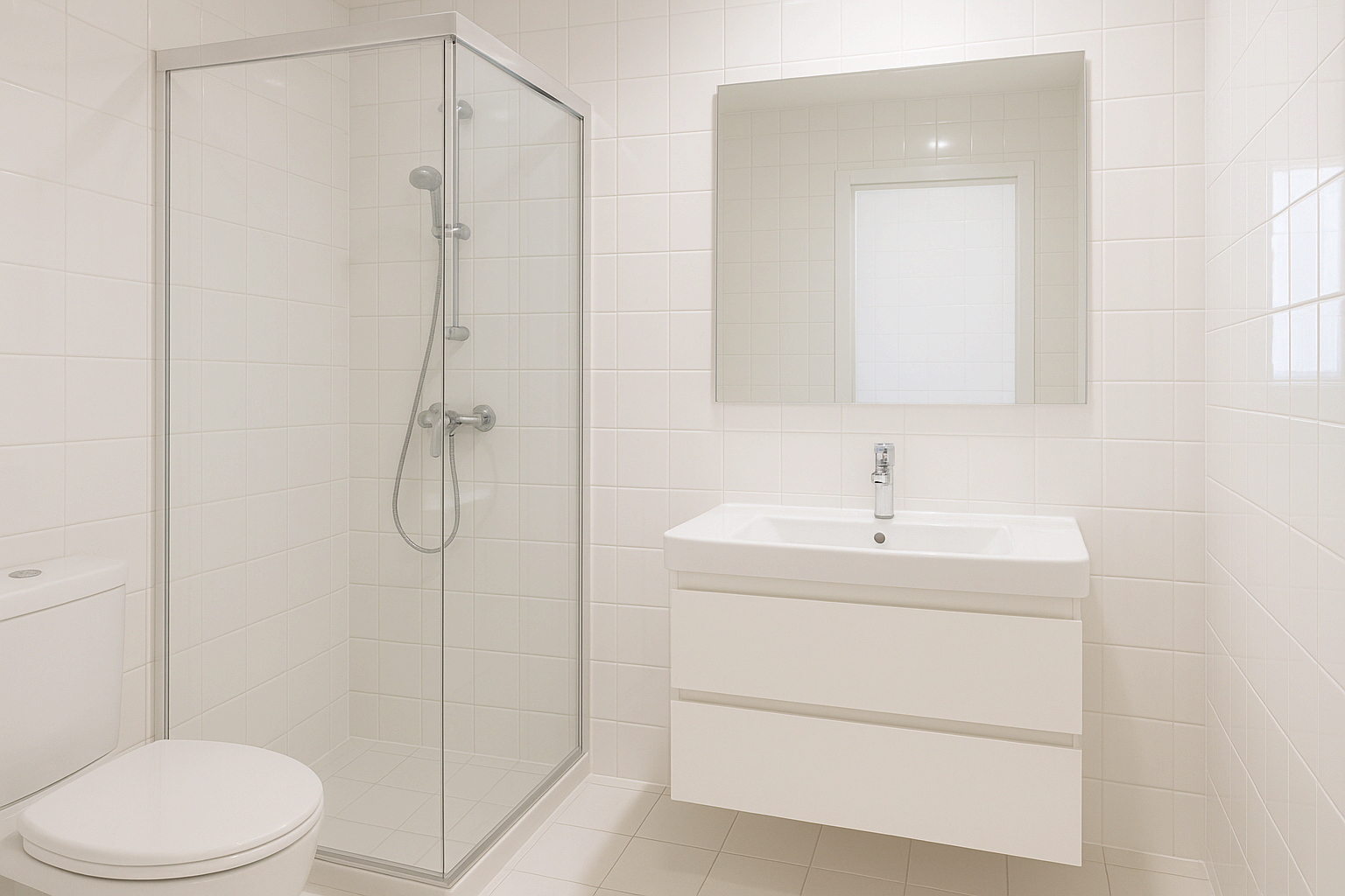 욕실 세면대와 거울이 물때 없이 반짝이는 깨끗한 모습