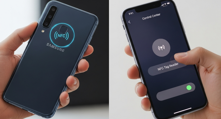 갤럭시와 아이폰의 NFC 안테나 위치와 NFC 태그 리더 설정 화면을 비교하여 보여주는 이미지.