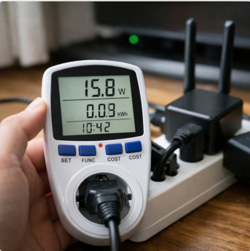 대기전력 측정기를 통해 가정 내 전력 사용량을 확인하는 장면