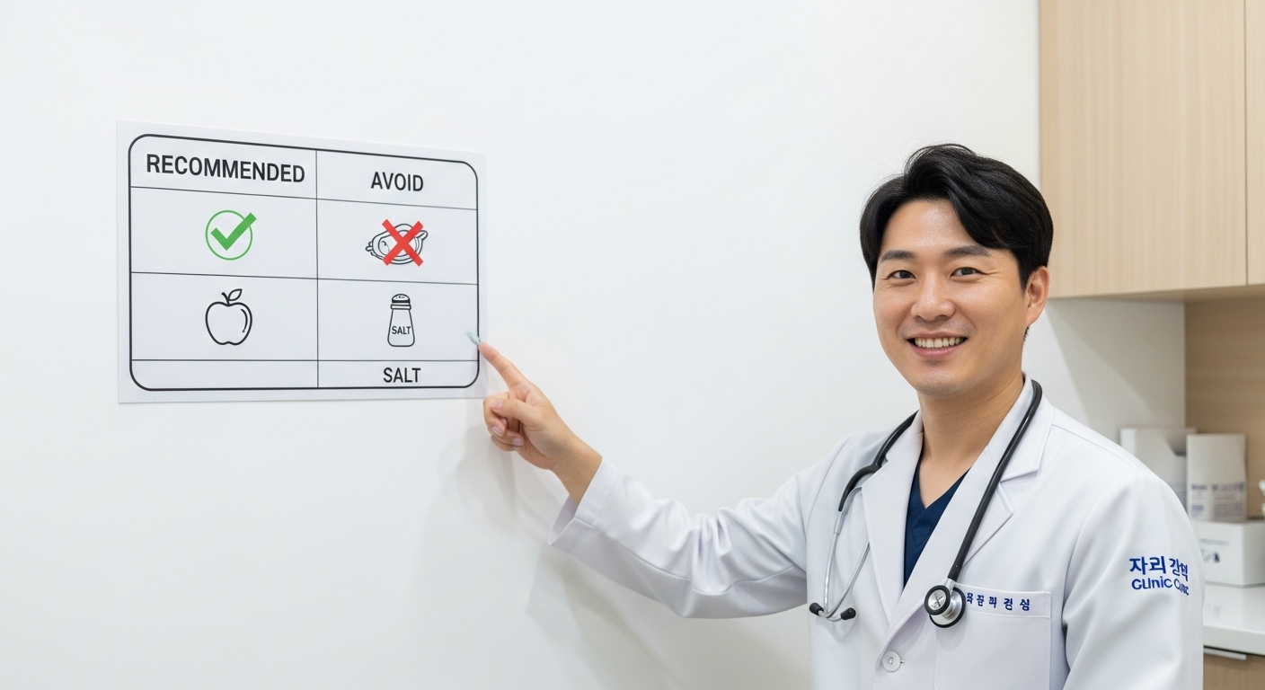 의사가 진료실에서 신장에 좋은 음식과 나쁜 음식이 표시된 차트를 가리키며 설명하고 있다