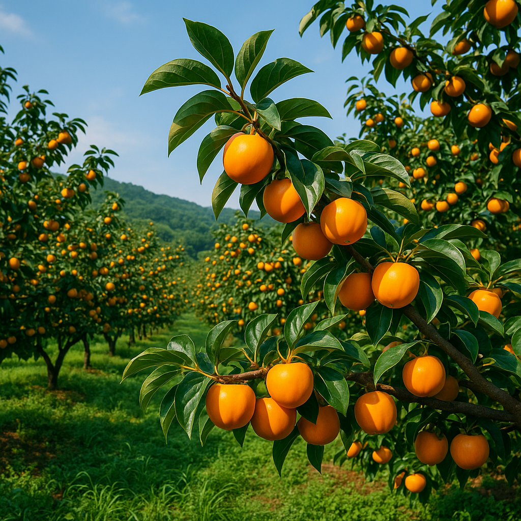 청도의 여름 감나무밭에 감이 주렁주렁 달려있는 이미지