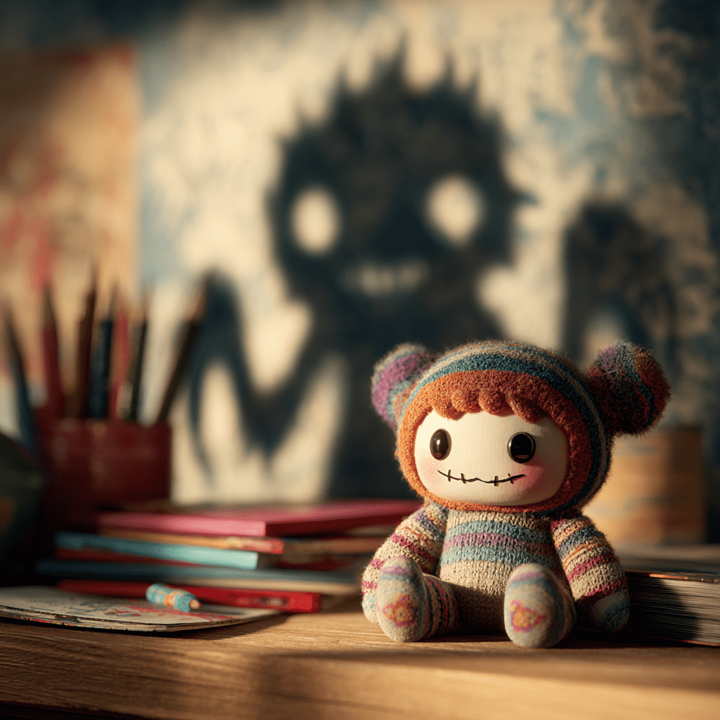 스마트폰 화면에 비친 왜곡된 자신의 모습을 보는 라부부 인형