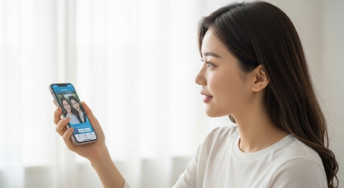 스마트폰에 앱 설치 중인 화면을 보는 여성