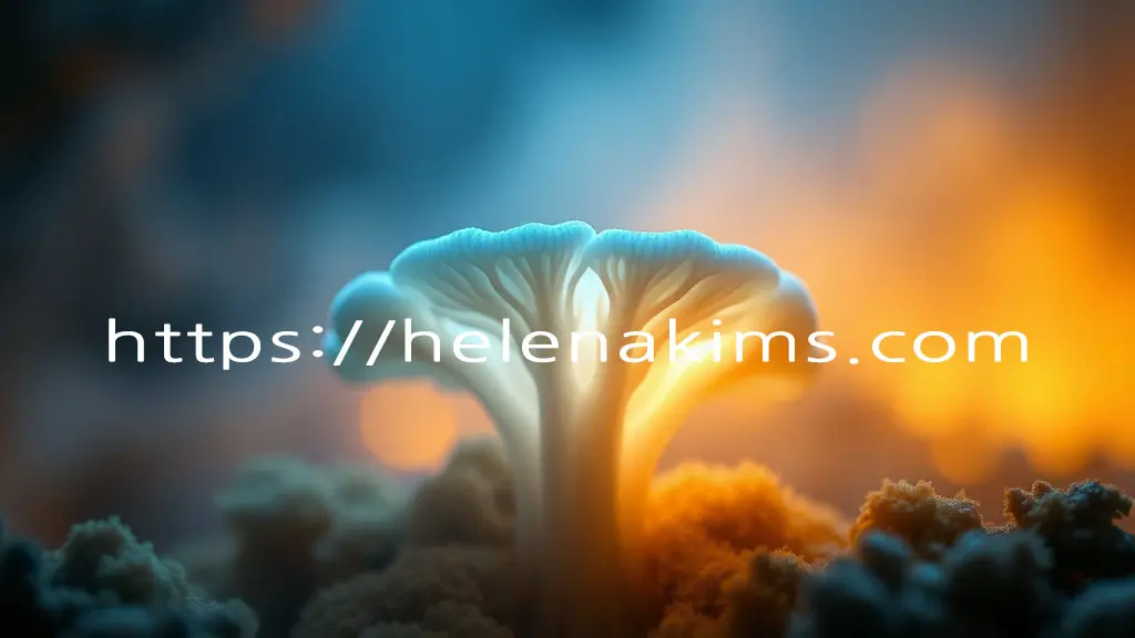 버섯 모양의 신비로운 세리포리아 락세라타 균사체가 중심에 있고 주변으로 황금 빛이 퍼져나가는 모습.