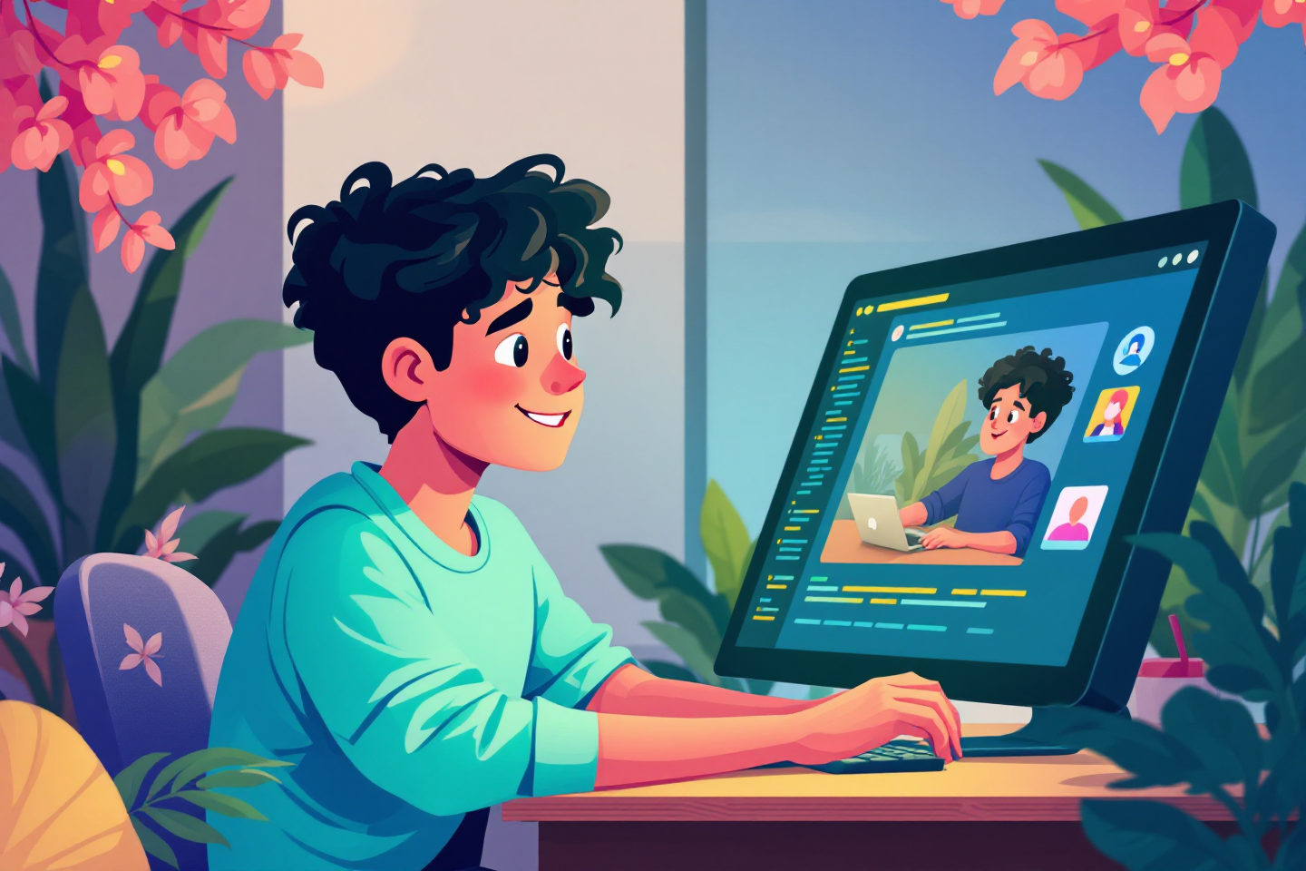 온라인 코딩파티 참여하여 배우고 있는 청소년