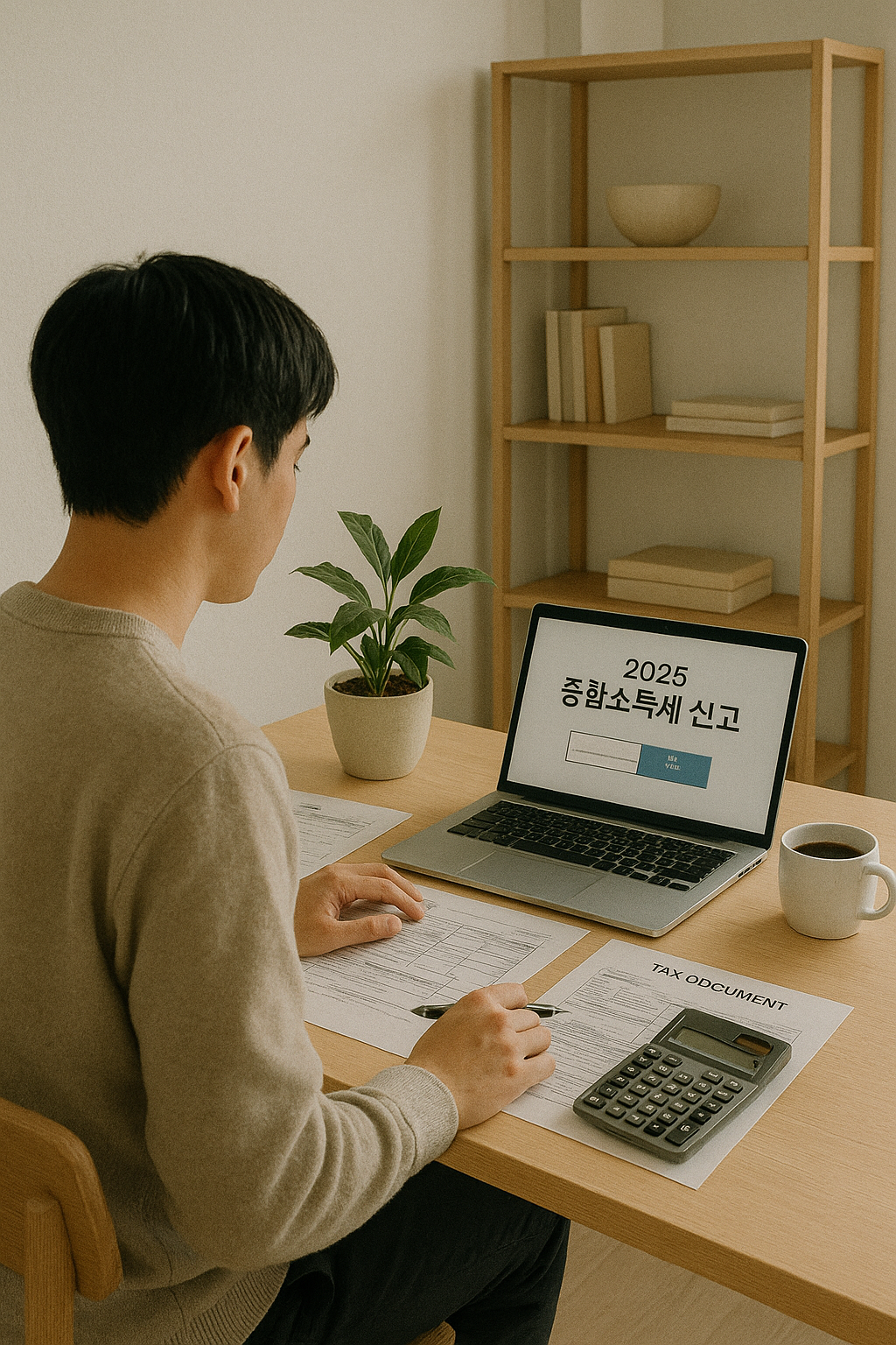 2025년 종합소득세 신고를 준비 중인 1인 사업자의 데스크 장면