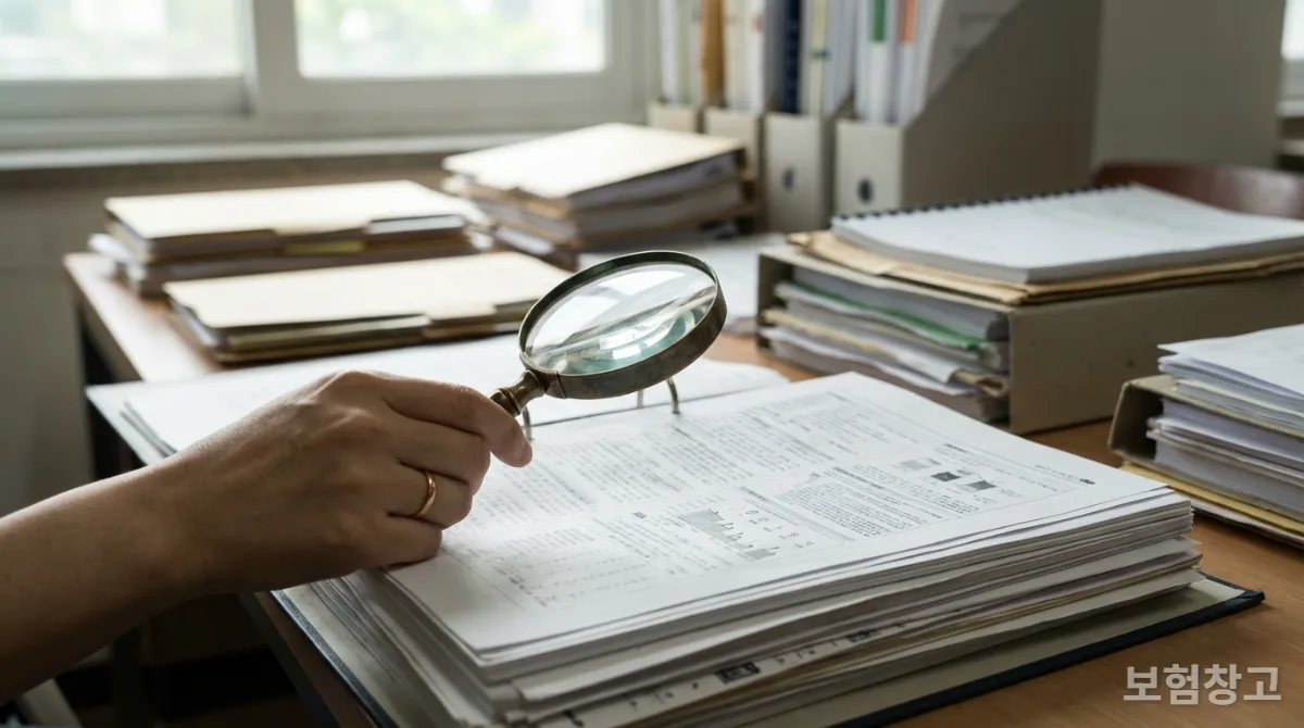 확대경으로 보험 약관을 자세히 살펴보는 한국인의 손