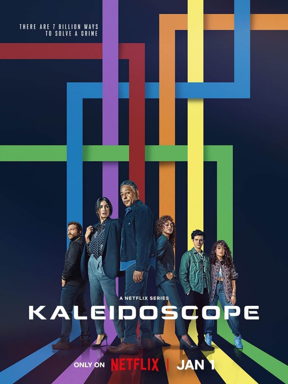 다양한 컬러의 도형이 있는 배경과 등장인물이 각자 포즈를 취하는 칼레이도스코프 포스터