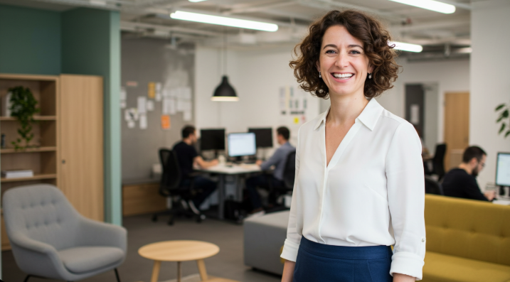 깔끔한 화이트 블라우스를 입은 여성이 오피스 환경에서 미소 짓는 모습