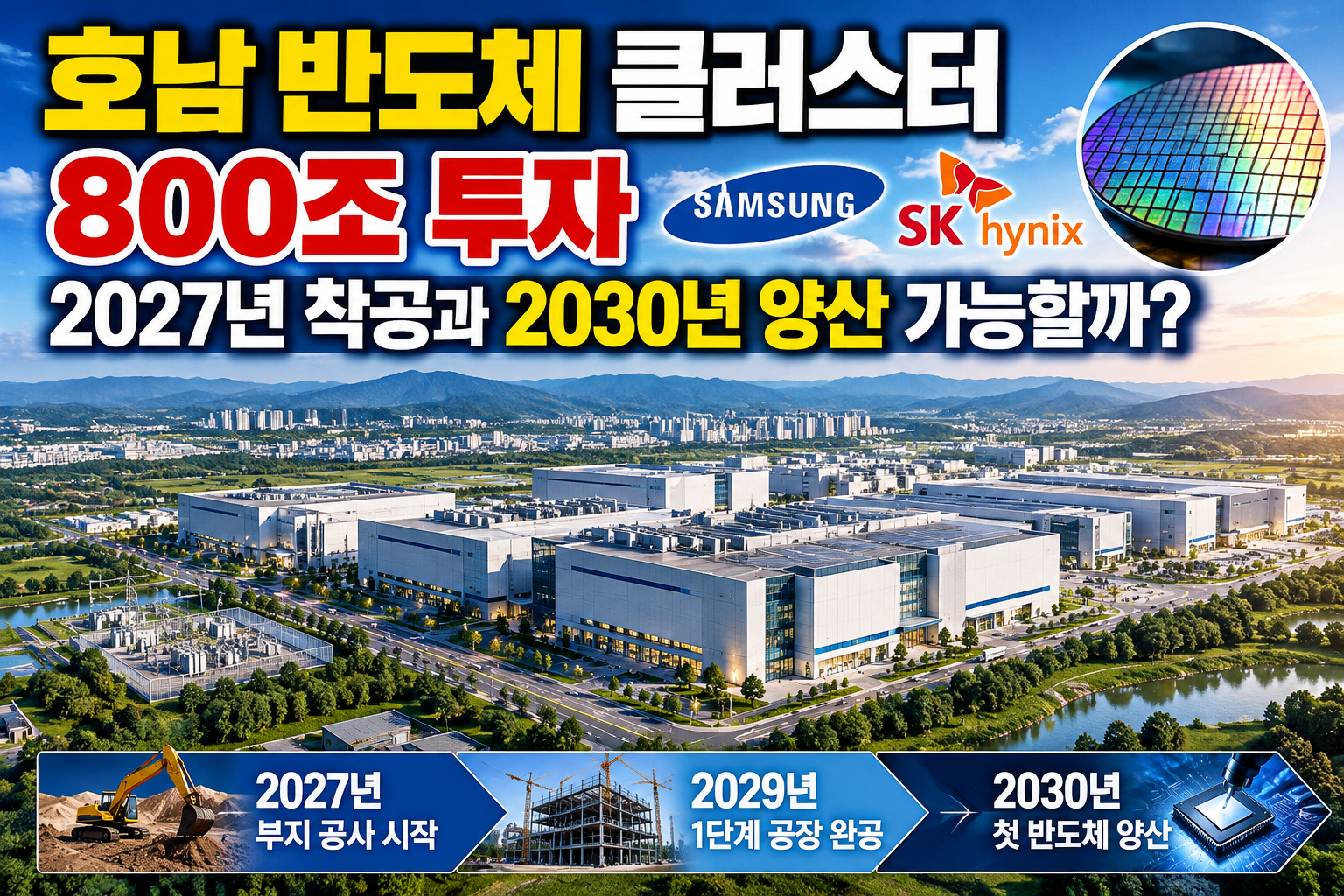 호남 반도체 클러스터 800조 투자 계획과 삼성전자 SK하이닉스의 2027년 착공 및 2030년 첫 양산 목표를 보여주는 반도체 산업단지 조감도