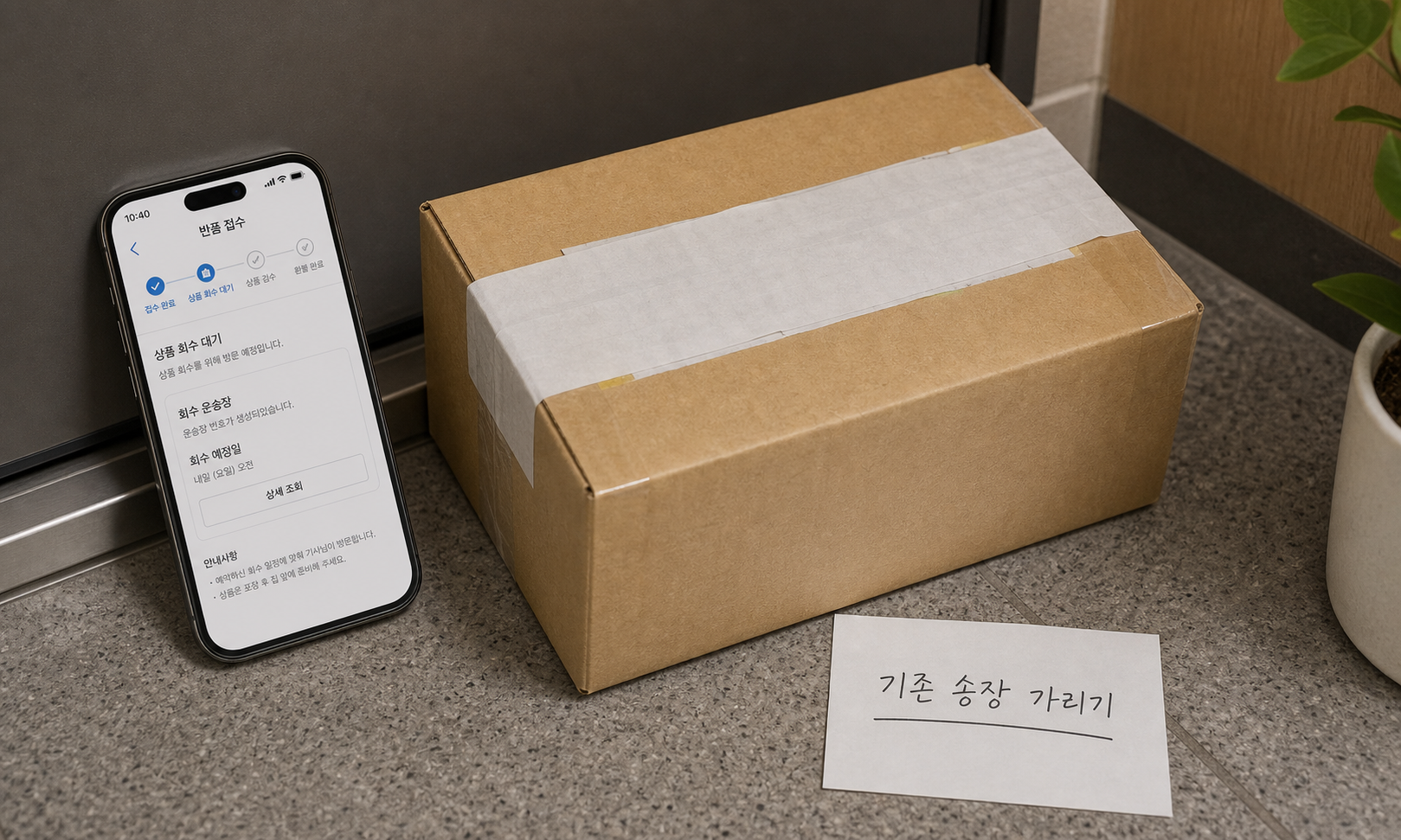 반품 수거 전 기존 송장을 가리고 박스 상태를 확인하는 장면