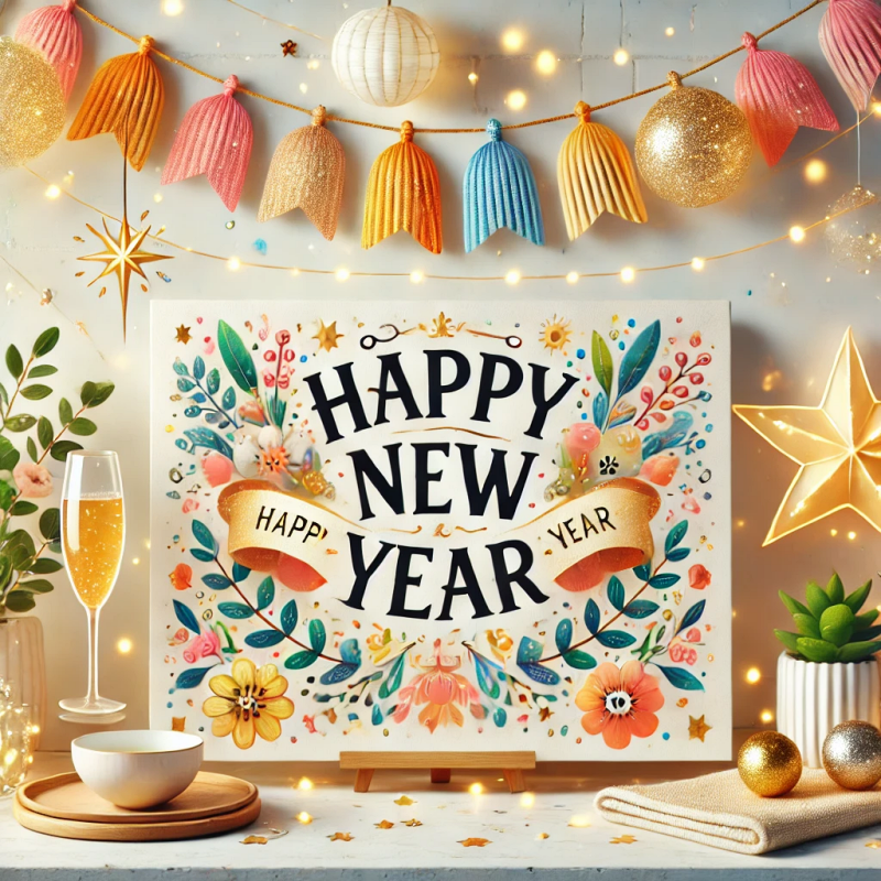 새해 덕담과 긍정적인 메시지가 적힌 플래카드&amp;#44; 밝은 배경과 &amp;#39;Happy New Year&amp;#39; 문구