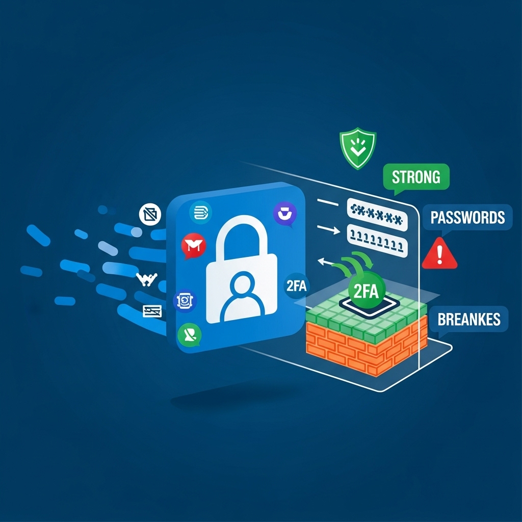 개인정보 유출을 막기 위해 잠금장치와 방패로 보호되는 온라인 계정 아이콘