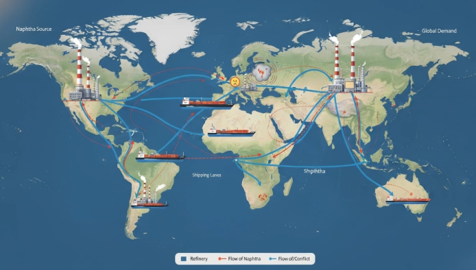 중동 정세 불안으로 인한 나프타 원료 공급망의 복잡성과 그로 인한 우려를 상징하는 일러스트.