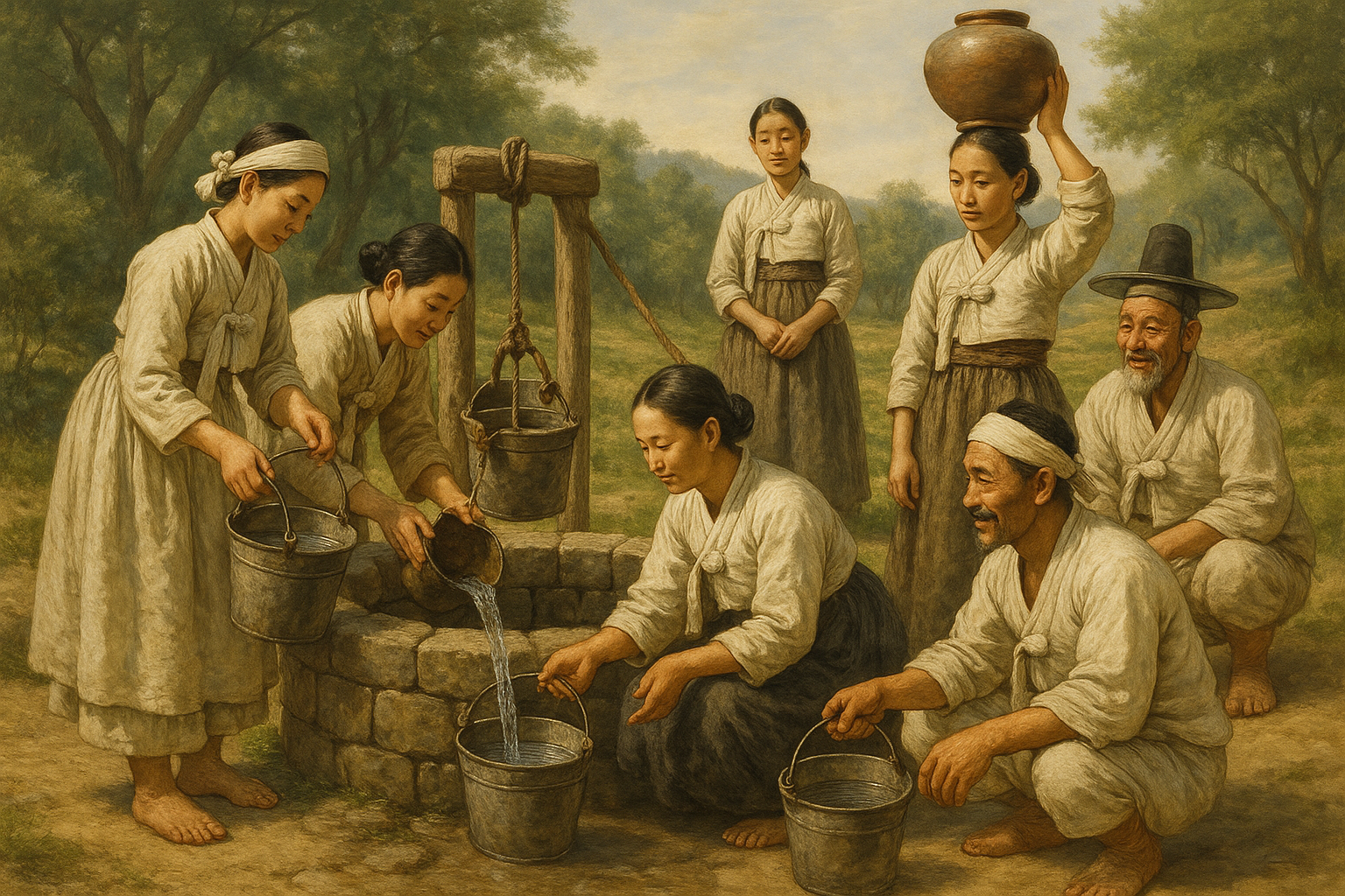 우물가에 모여 물을 긷고 나누는 사람들의 전통적인 공동체 풍경