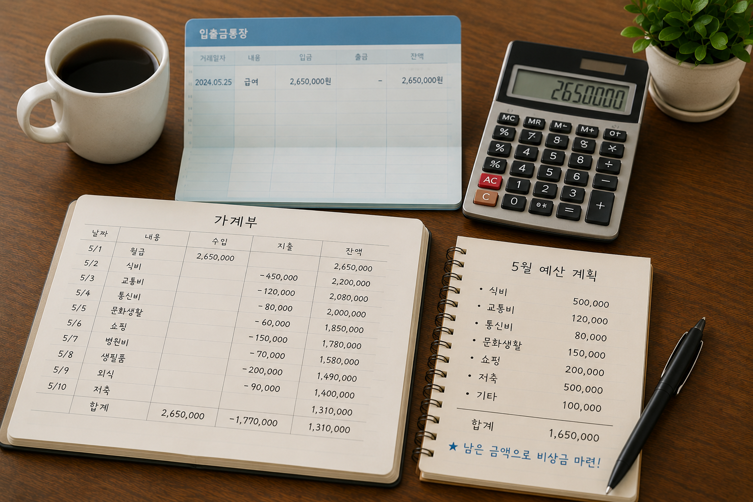 월급을 항목별로 나누어 생활비 예산을 계획하는 모습