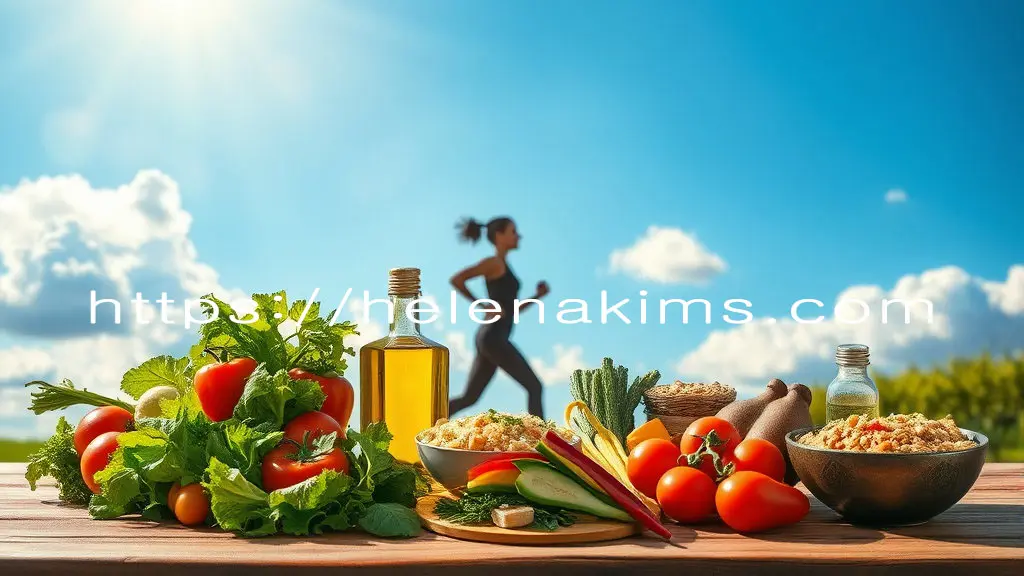 신선한 제철 채소, 올리브유 등 건강한 저당독소 식재료와 찜/삶기 조리된 음식, 활기차게 운동하는 사람의 모습.