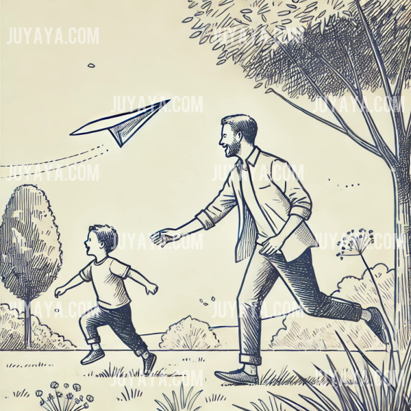 공원에서 아빠가 종이비행기를 날리고 아이가 뛰어다니며 웃는 모습, 간단한 나무와 잔디 배경의 스케치 스타일.