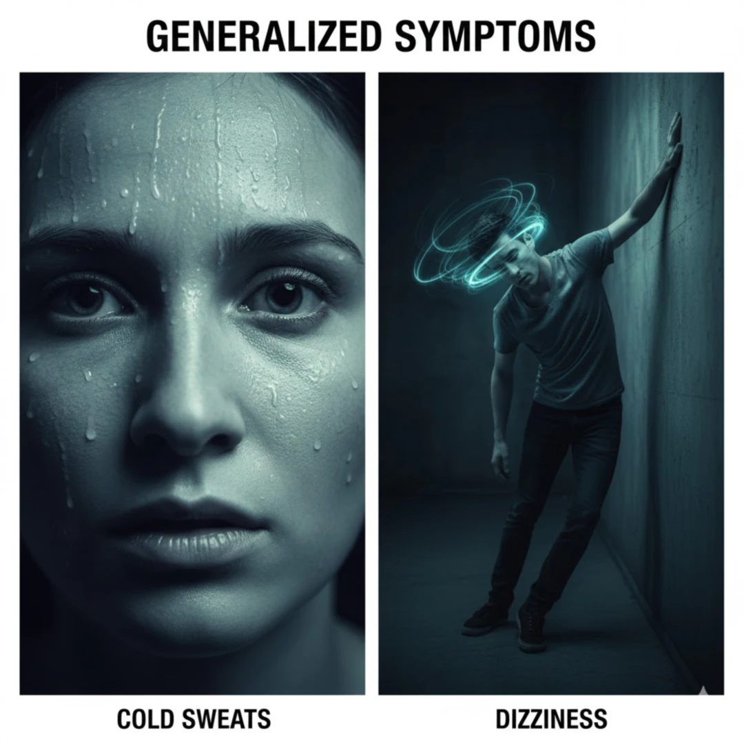 두 개의 분할된 이미지로 구성됩니다. 한쪽에는 이마에 땀이 송골송골 맺히고 창백한 얼굴의 클로즈업이, 다른 한쪽에는 휘청거리는 듯한 몸짓으로 벽을 짚고 서 있는 사람의 모습이 담깁니다. 전반적으로 불안하고 긴급한 분위기를 연출합니다.