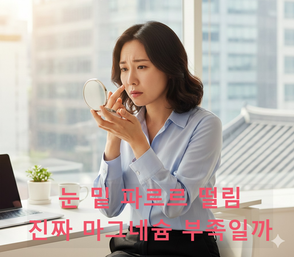거울을 보며 눈 밑 떨림 증상을 확인하는 한국인