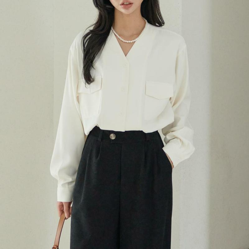 여자 오피스룩 브이넥 베이직 블라우스