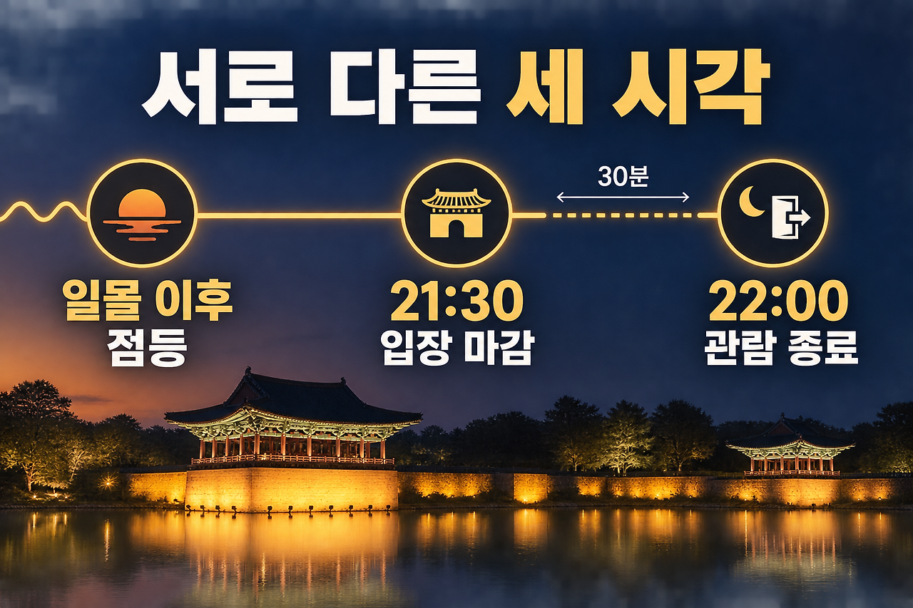 조명은 일몰 이후, 입장은 21시 30분까지, 관람은 22시까지입니다.