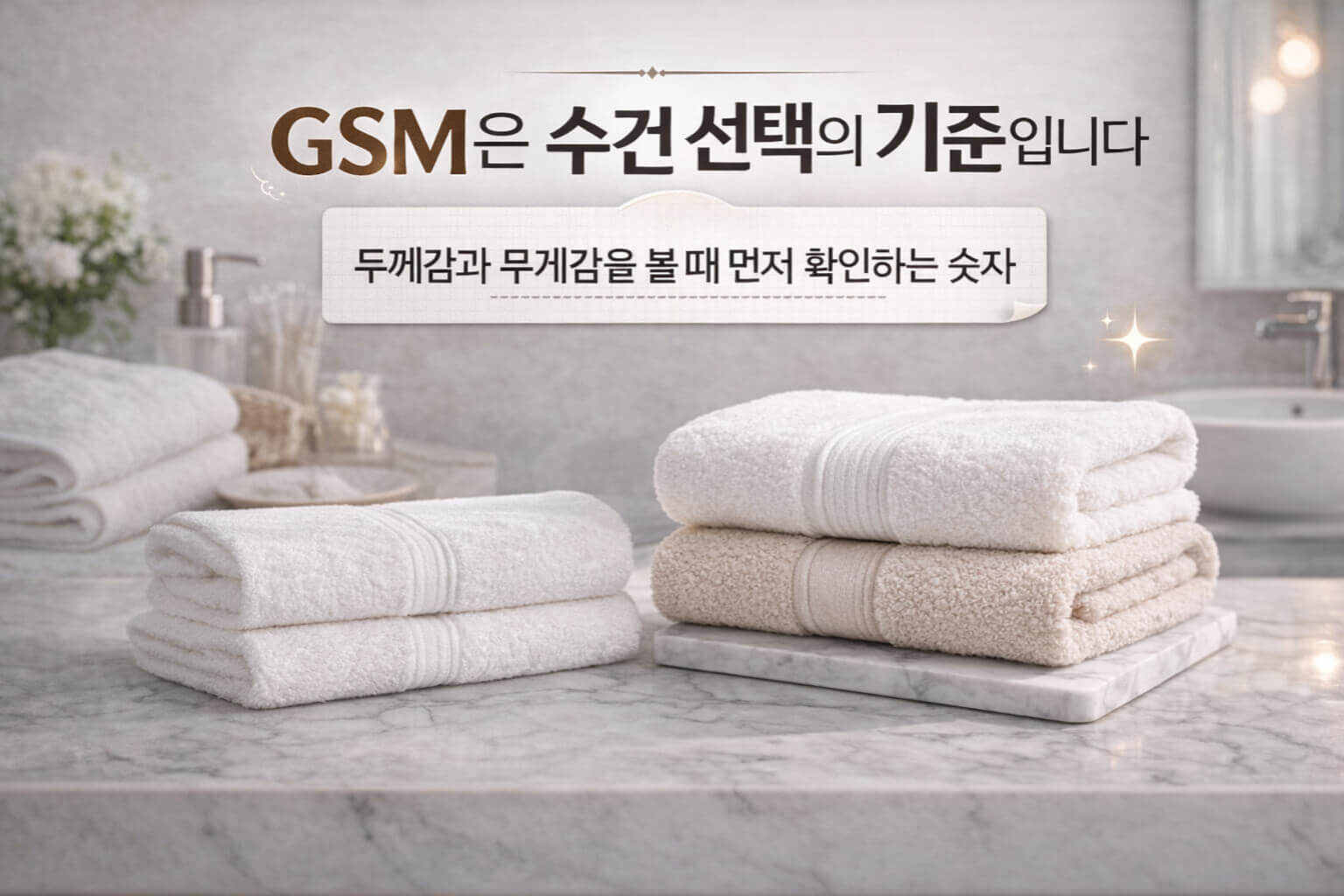 GSM이 수건 무게를 면적으로 나눠 보는 기준임을 설명하는 이미지