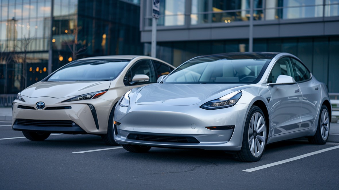 전기차 테슬라와 하이브리트차 프리우스 관련 이미지