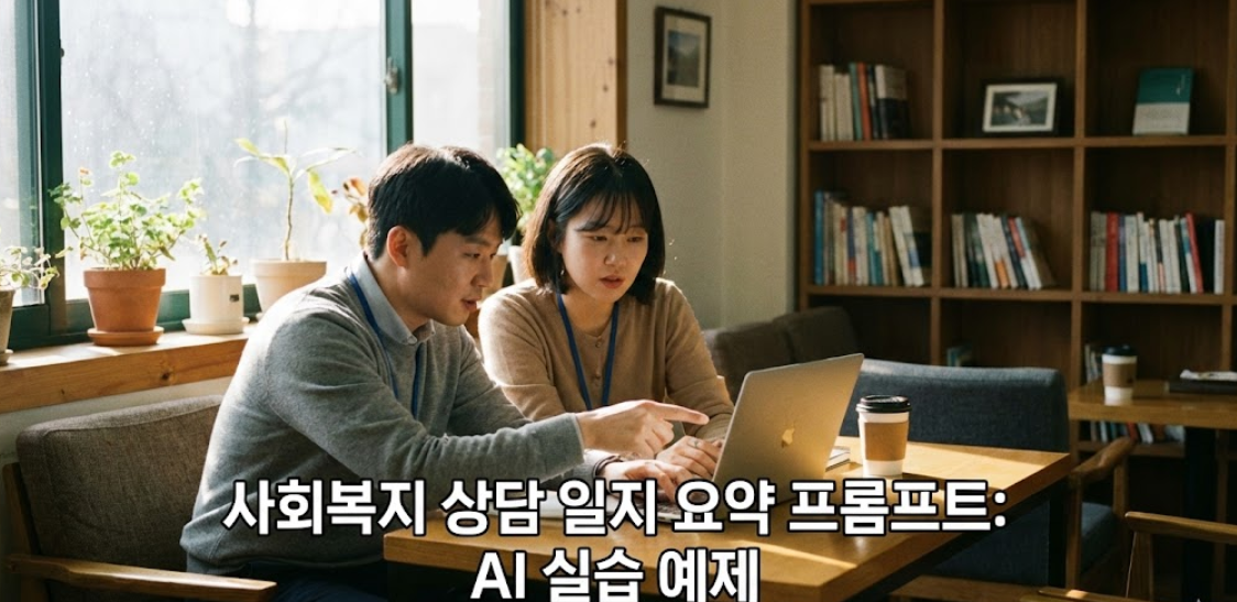 노트북 화면에 뜬 AI 프롬프트를 보며 동료와 상의하는 사회복지사들